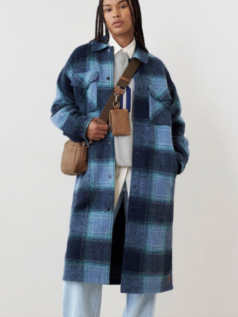 Roots Blue Plaid Wool-Blend Pea Coat